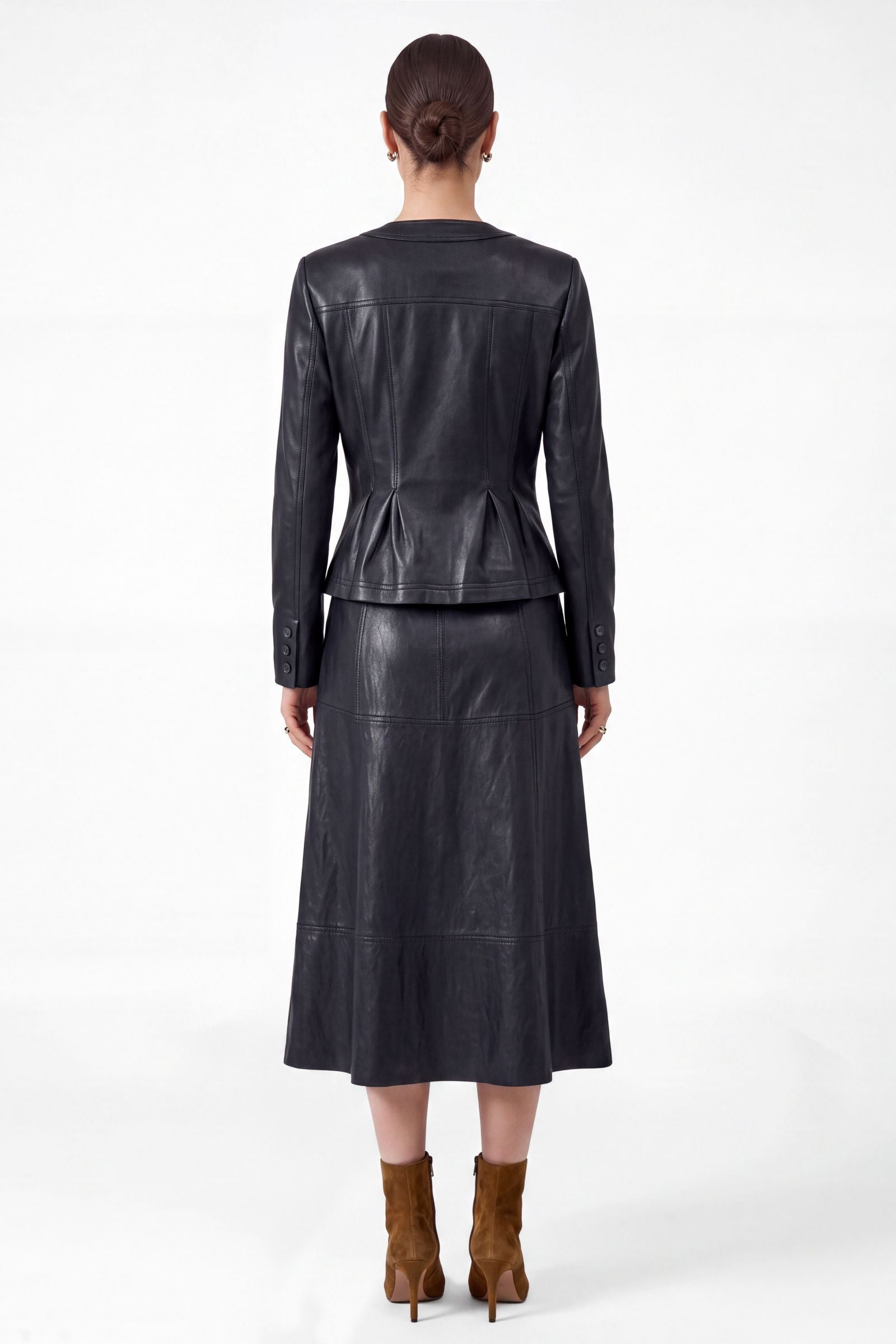 Leather Pleated Peplum Jacket Navy