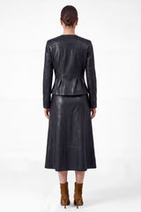 Leather Pleated Peplum Jacket Navy
