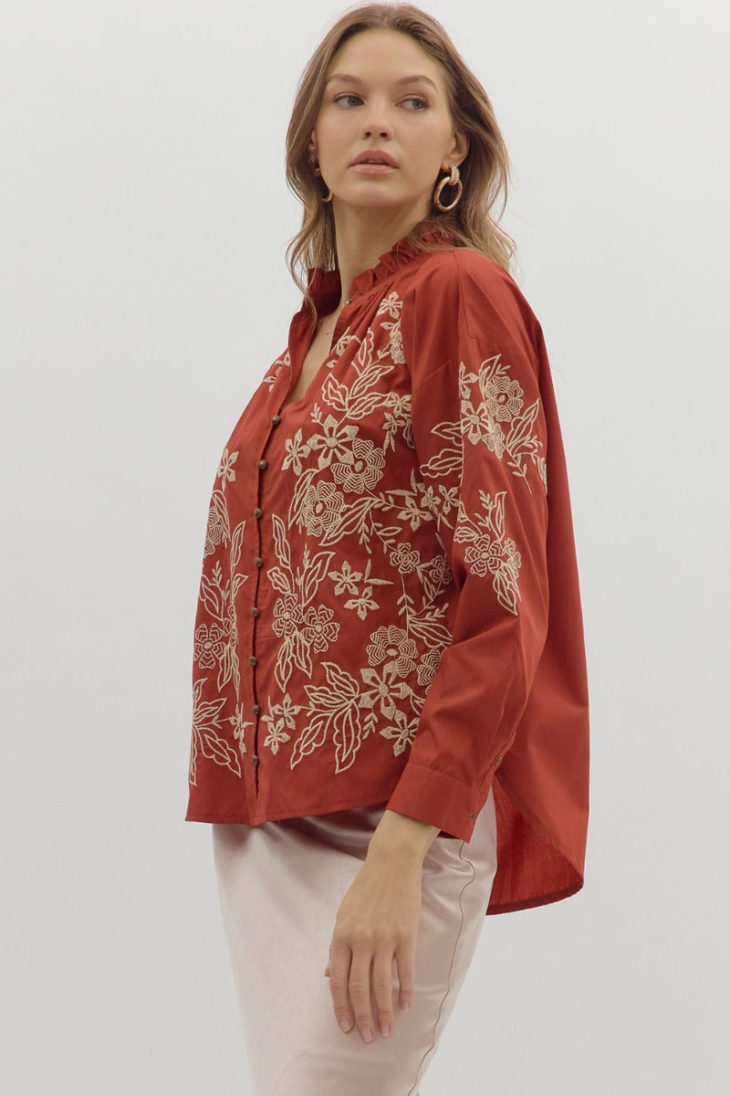 Floral Embroidered Covered Button Detail Blouse Rust