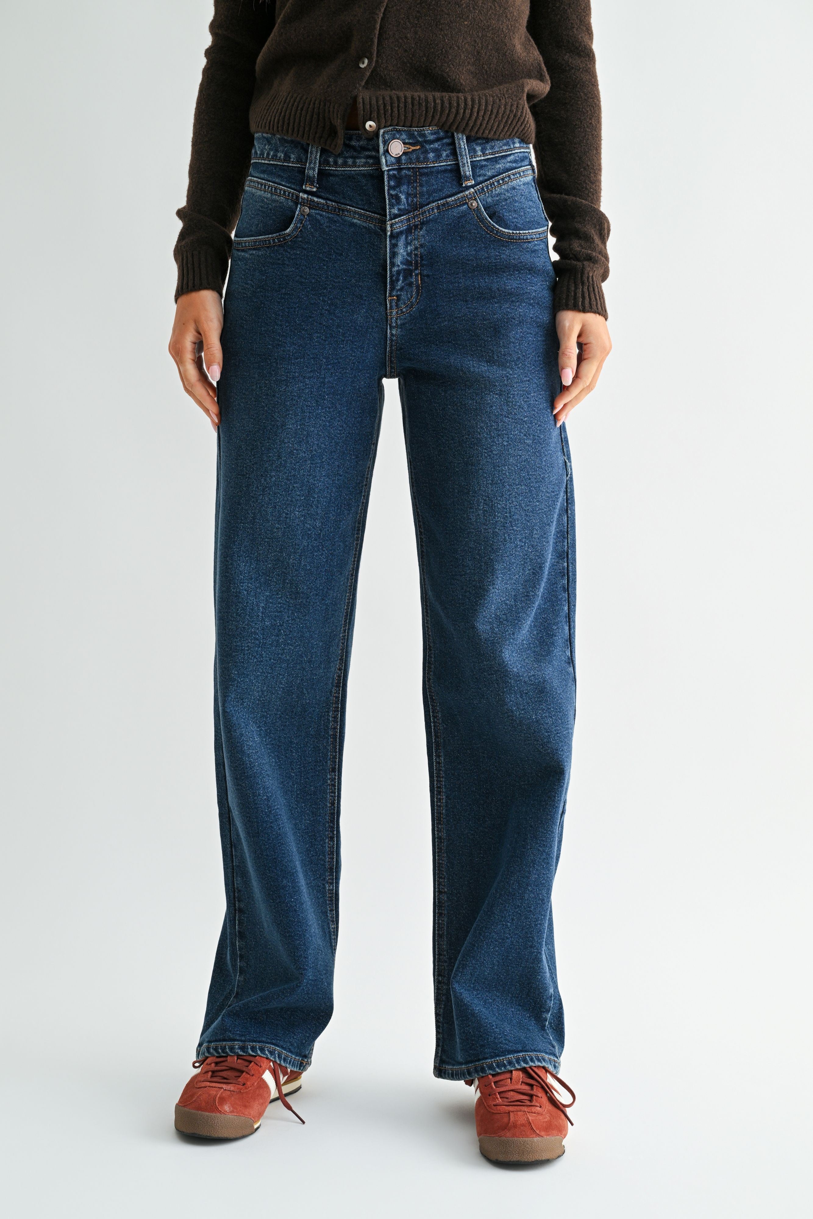 Clean Hem Angled Seam Waist Detail Jeans Dark Denim
