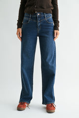 Clean Hem Angled Seam Waist Detail Jeans Dark Denim