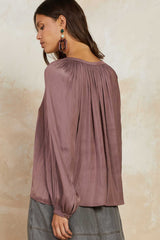 Split Neck Self Tie Satin Long Sleeve Blouse Mauve Brown