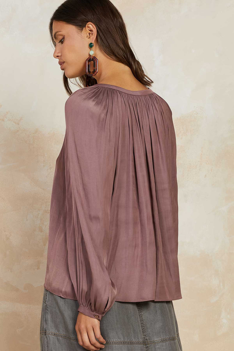 Split Neck Self Tie Satin Long Sleeve Blouse Mauve Brown