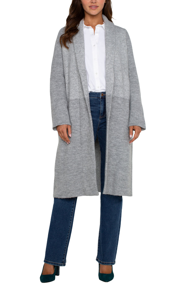 Open Front Shawl Collar Sweater Coat Grey Pattern Block