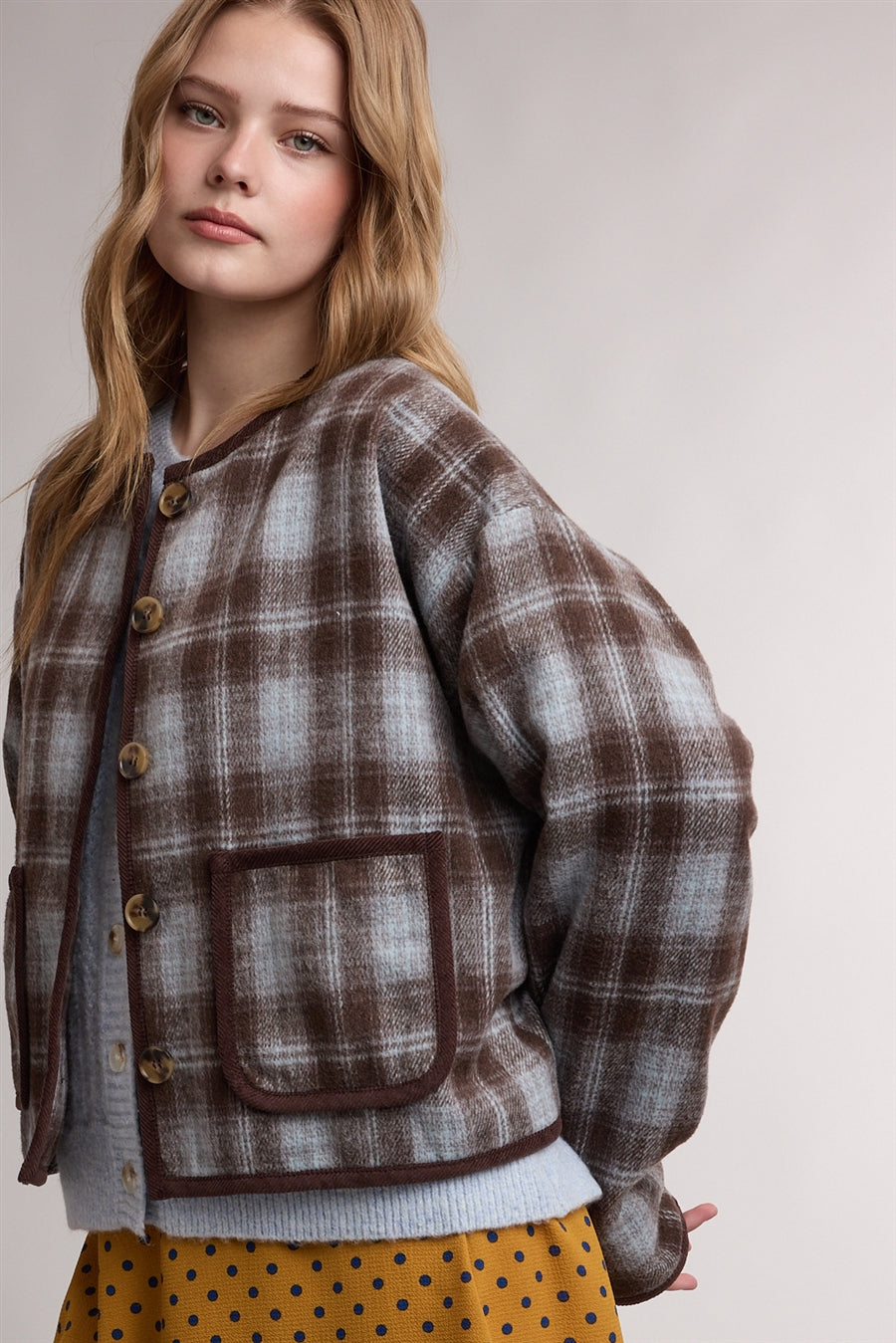 Contrast Trim Plaid Jacket Light Blue Combo