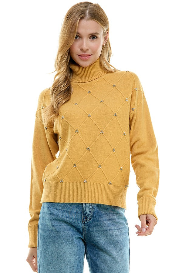 Diamond Pattern Crystal Turtleneck Sweater Gold