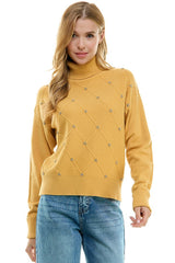 Diamond Pattern Crystal Turtleneck Sweater Gold