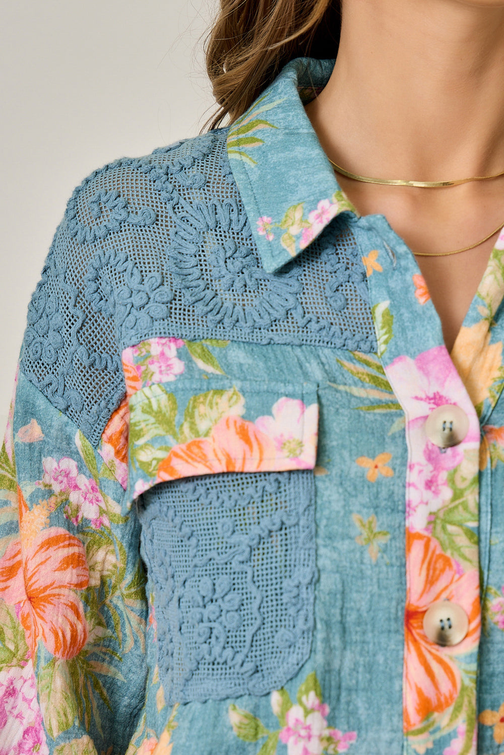 Floral & Lace Combo Mix Media Jacket Denim Blue Mix