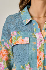 Floral & Lace Combo Mix Media Jacket Denim Blue Mix