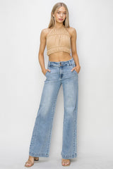 High Rise Double Button Wide Jeans Light