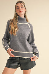 Contrast Trim Turtleneck Sweater Heather Grey