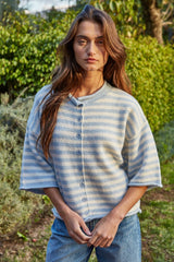 Kelsey Quarter Sleeve Stripe Cardigan Light Blue Ivory