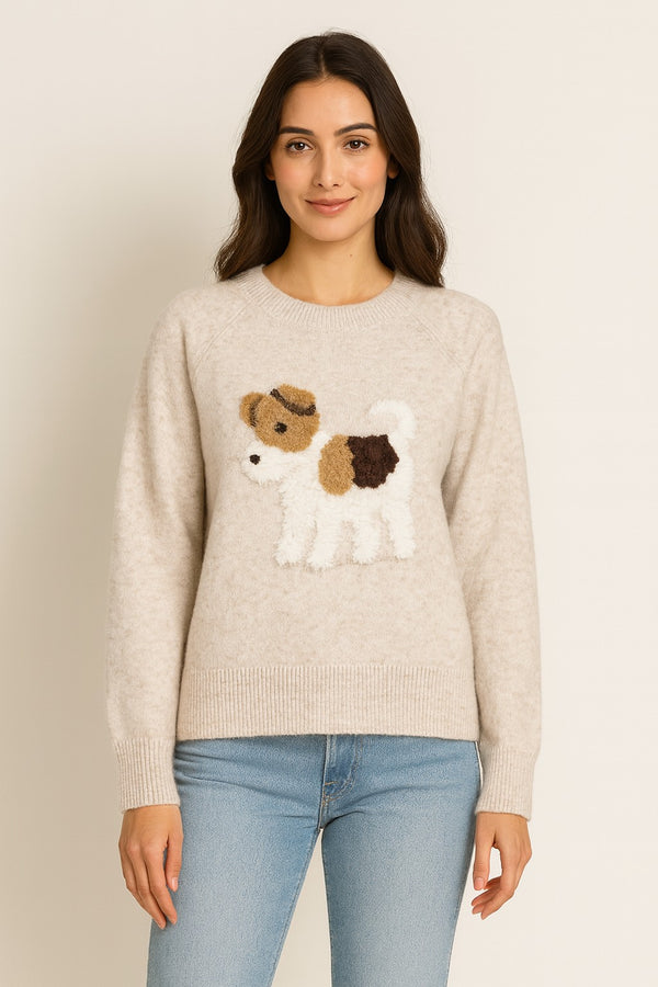Fuzzy Beagle Pullover Sweater Taupe