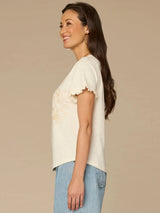 Embroidered Knit Short Sleeve Top Blanched Almond