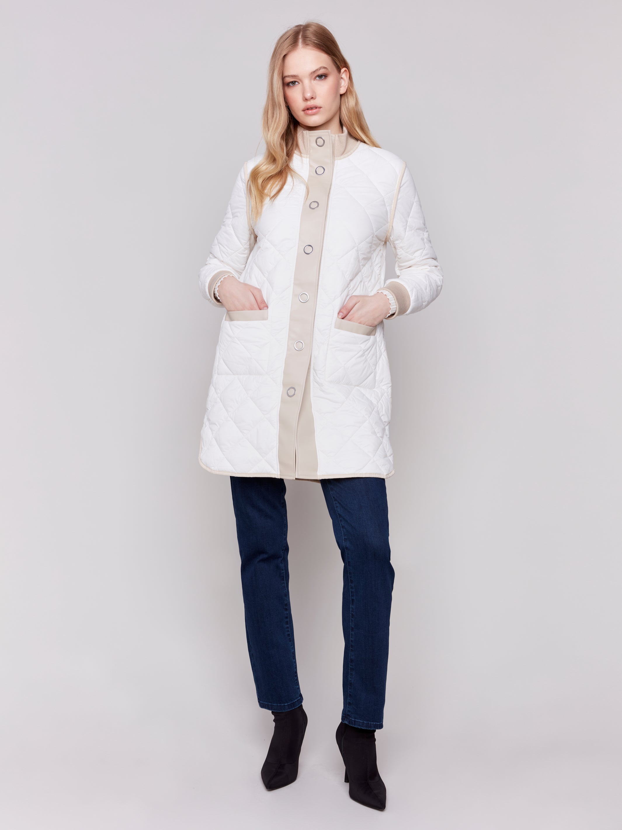 Leather Trim Reversible Quilted Puffer Jacket Champagne