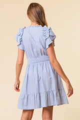 Stripe Ruffle Split Vneck Smocked Dress Blue + White