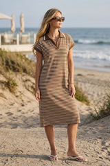 Drop Shoulder Stripe Collared Midi Dress Mocha