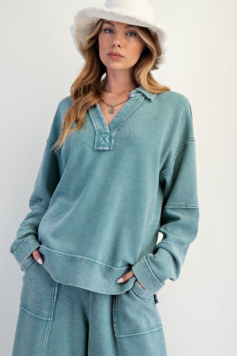 Textured Thermal Washed Pullover Faded Teal