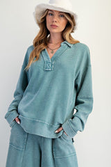 Textured Thermal Washed Pullover Faded Teal