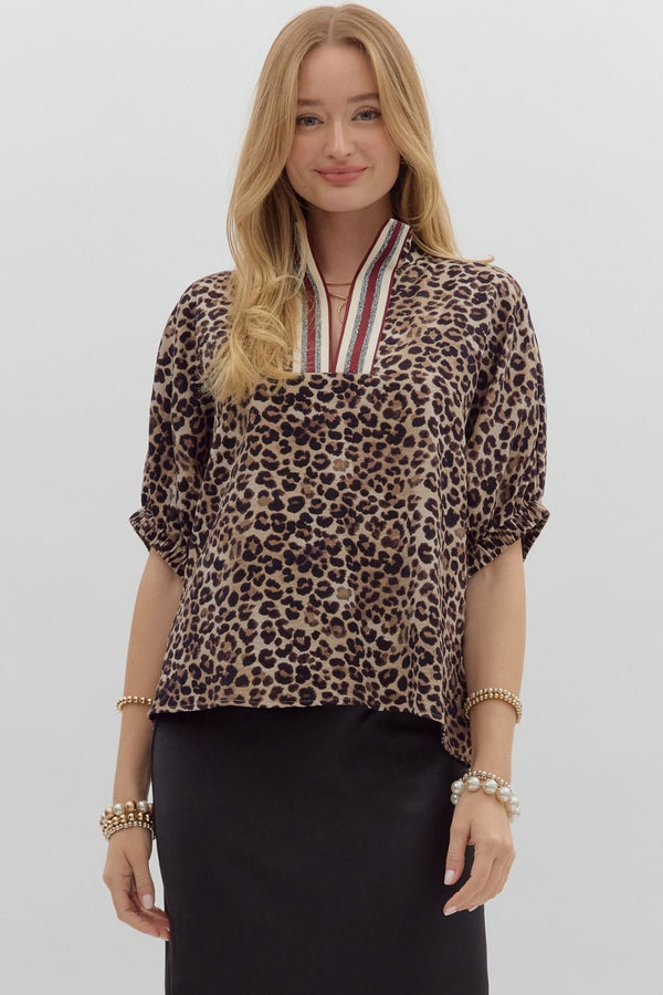 Leopard High Neck Stripe Accent Dolman Top Wine Mocha