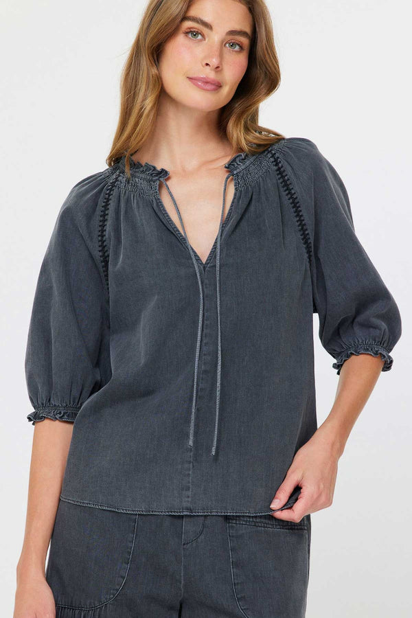 Washed Denim Ruffled Split Tied Neck Smock Cuff Top Black