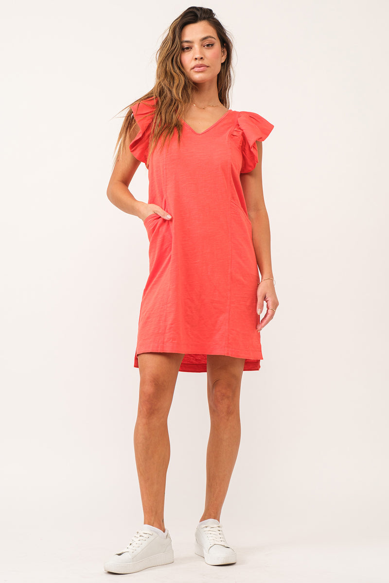 Audrina Ruffle Sleeve Mix Media Dress Pimento