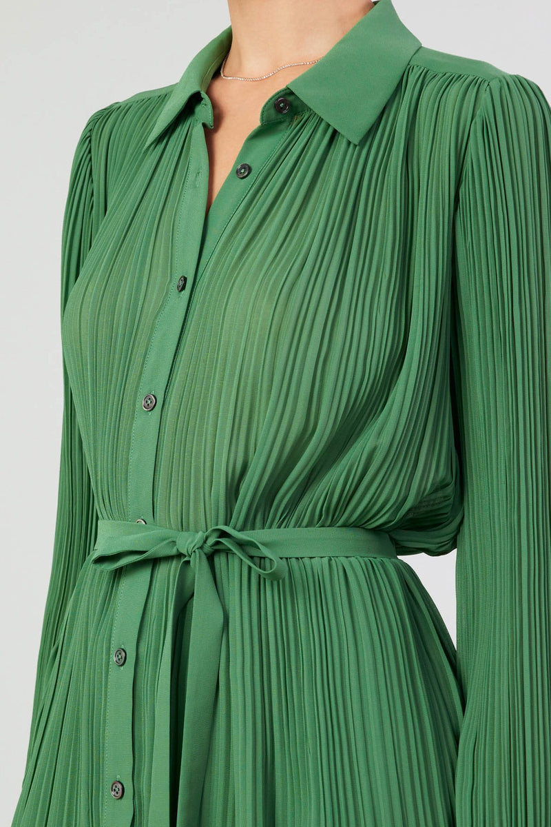 Pleated Button Down Tie Belt Shirt Leaf Green