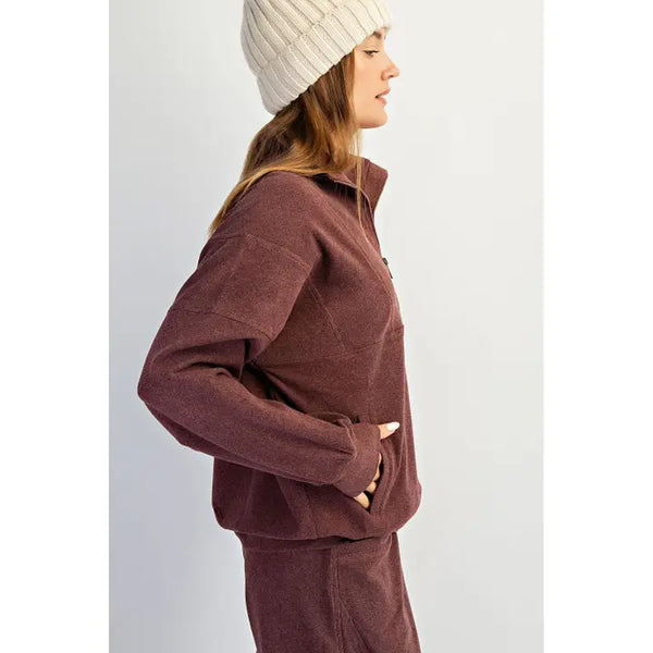 Brushed Rib Quarter Zip Pullover Dark Cherry