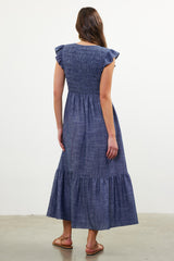 Smocked Bodice Tiered Button Detail Maxi Dress Denim Blue