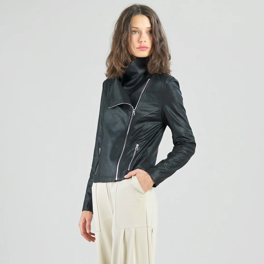 Cowl Neck Liquid Leather Moto Jacket Black