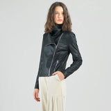 Cowl Neck Liquid Leather Moto Jacket Black