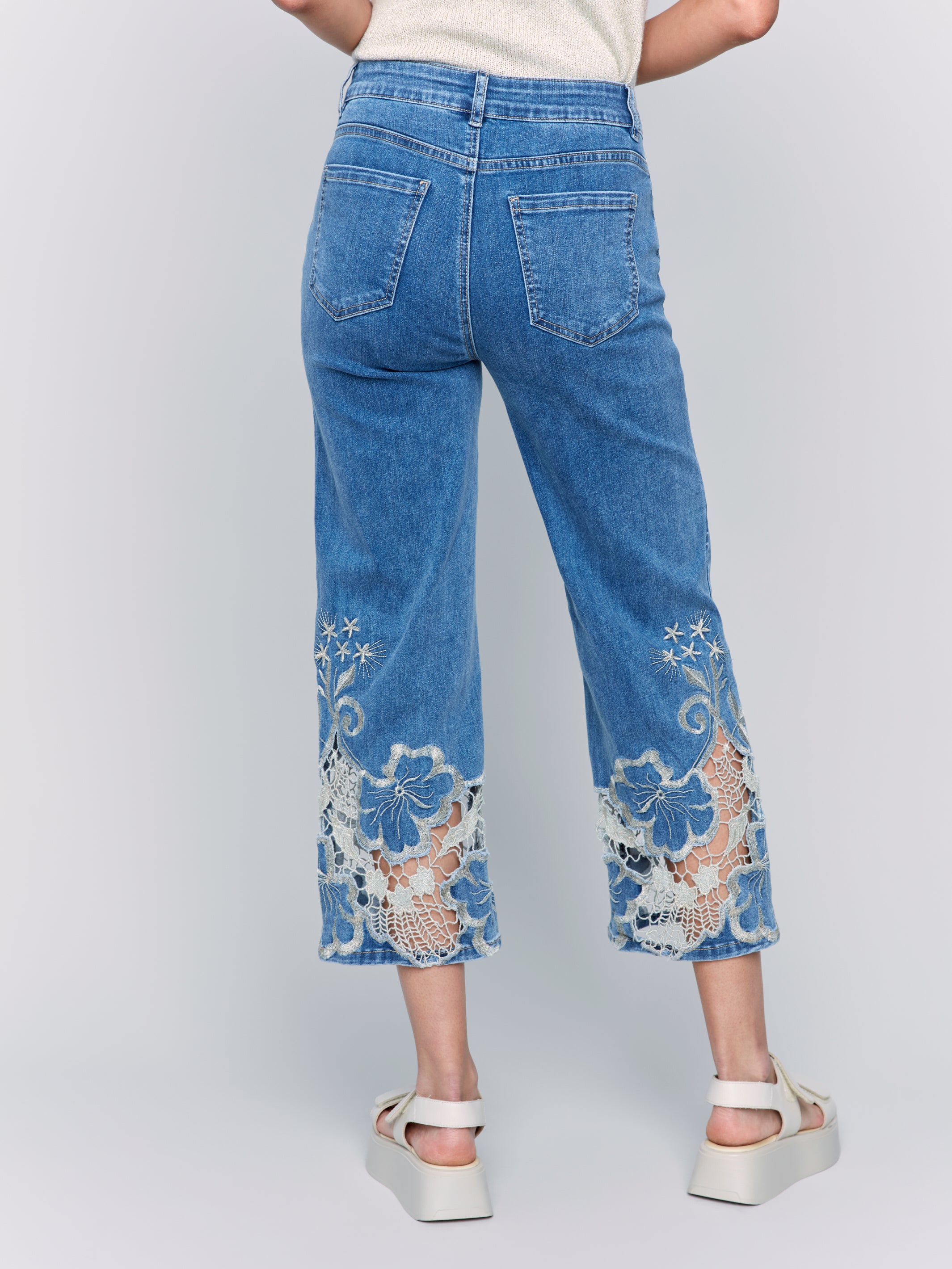 Open Lace Hem Detail Flare Leg Jeans Medium Blue