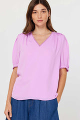 Lace Trim Pleated Shoulder Short Sleeve Blouse Orchid