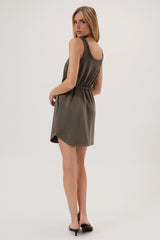 Scoop Neck Sleeveless Drawstring Waist Mini Dress Olive