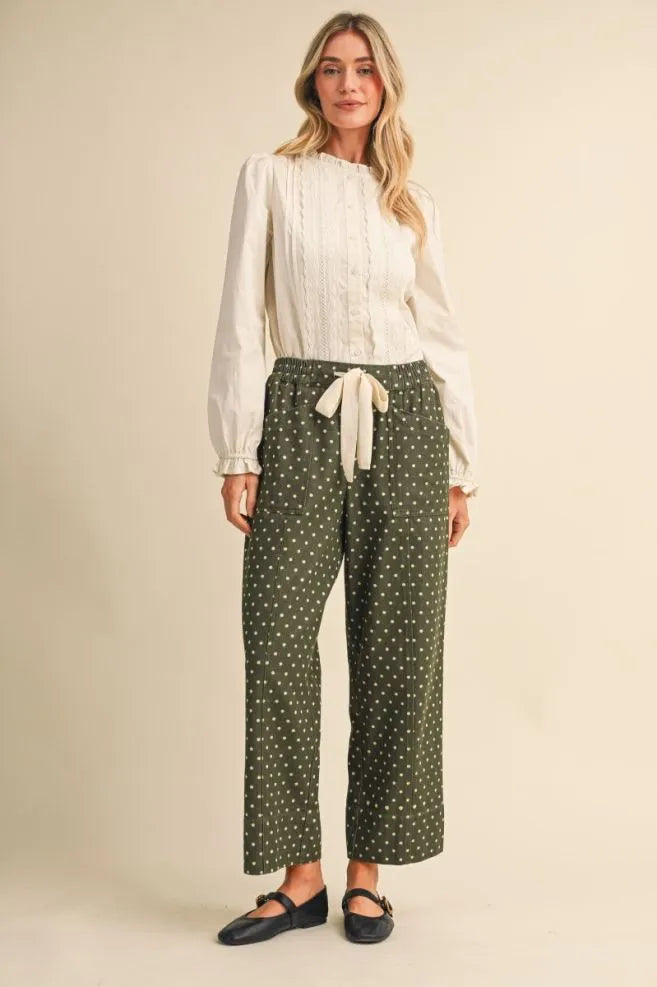 Polka Dot Wide Leg Crop Pants Moss Green
