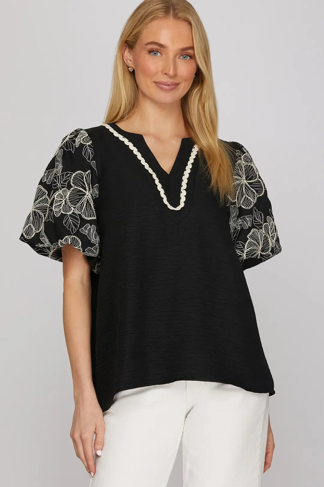 Short Embroidered Puff Sleeve Lace Trim Top Black