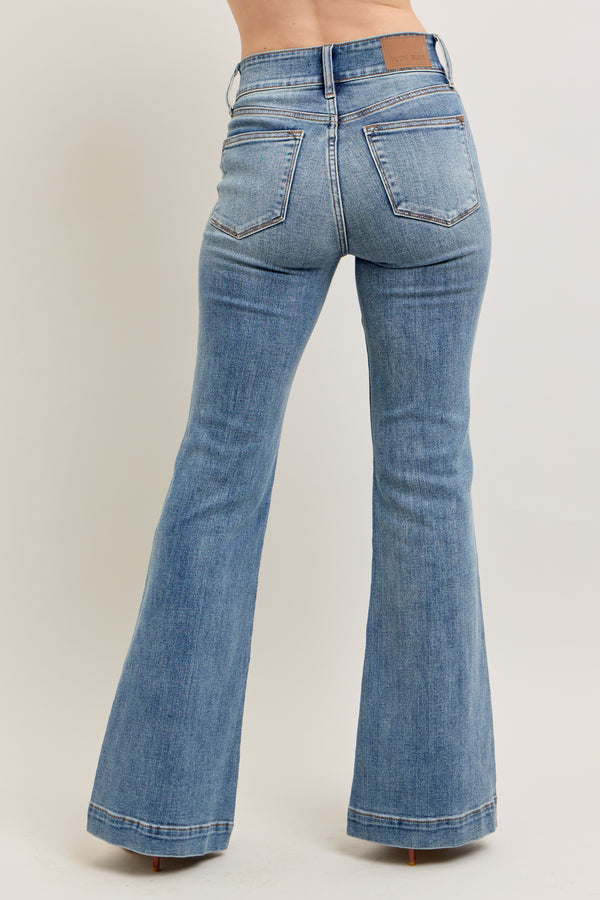 High Rise Pintuck Detail Trouser Flare Jeans Medium