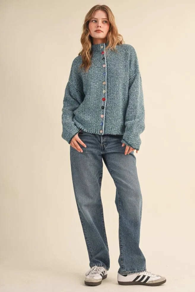 Colored Buttons Two Tone Mock Neck Cardi Green Blue