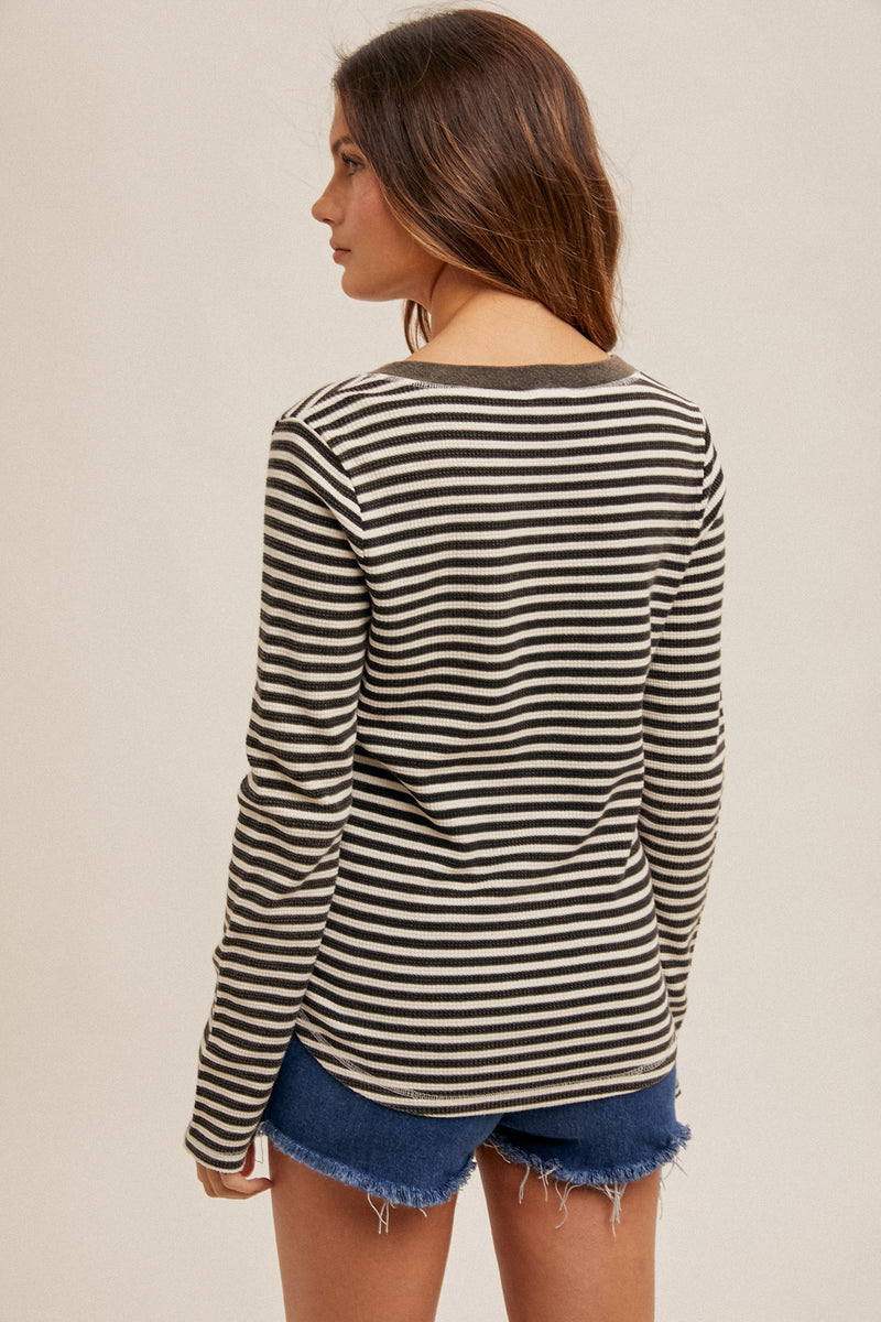 Snow Wash Stripe Henley Top Black