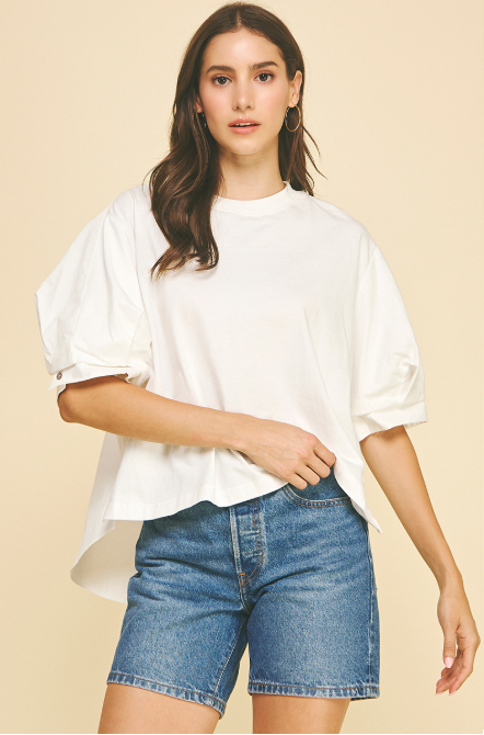 Mix Media Balloon Sleeve Hi-Lo Top Off White