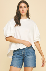 Mix Media Balloon Sleeve Hi-Lo Top Off White