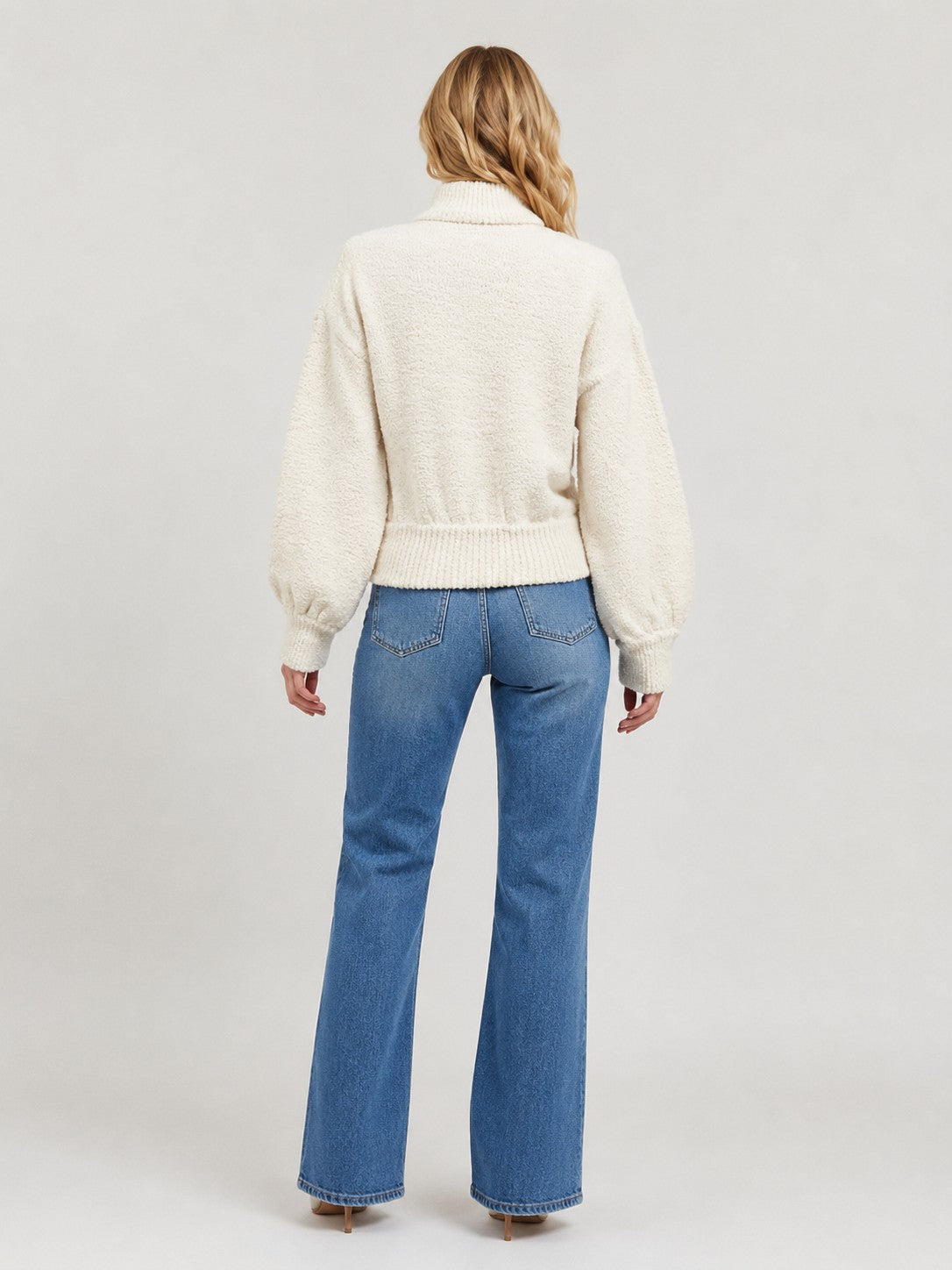Fuzzy Zip Up Oversize Collar Cardi Ivory