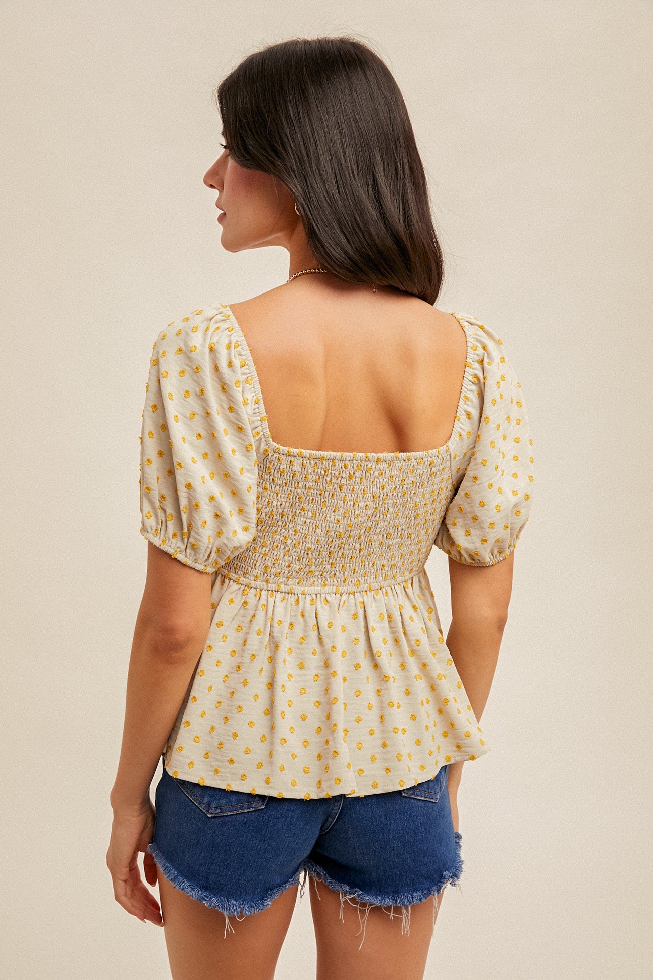Smocked Bust Swiss Dot Bubble Sleeve Top Oyster