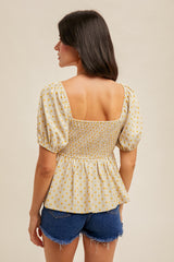 Smocked Bust Swiss Dot Bubble Sleeve Top Oyster