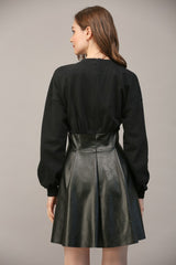 Mix Media Corset Waist Leather Dress Black