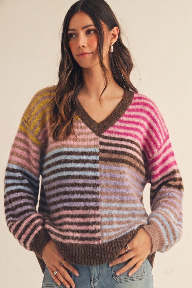 Cozy Multi Stripe Vneck Sweater Multi