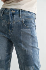 High Rise Patchwork Wide Leg Ankle Jeans Patch Blue