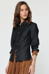 Suede Tie Denim Button Down Shirt Dark Denim