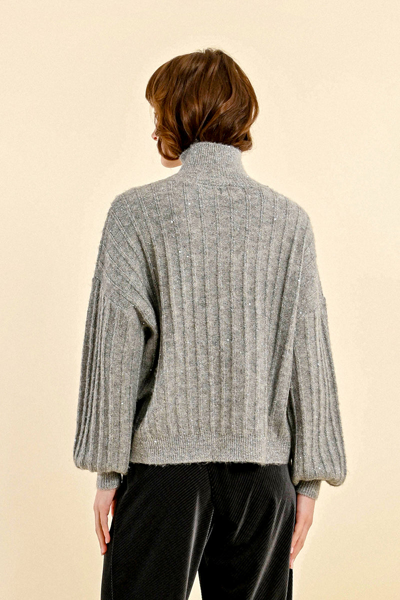 Stripe Texture Glitter Turtleneck Sweater Silver