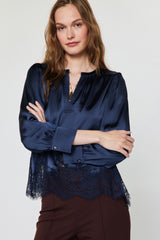 Lace Trim Satin Long Sleeve Blouse Navy